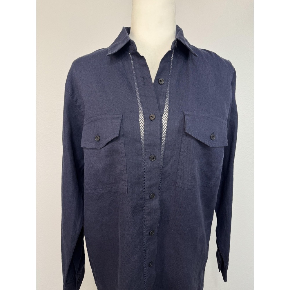 Outerknown Shirt Dress Women's XS Blue Linen Organic Cotton Crochet Long Sleeve - Picture 4 of 16